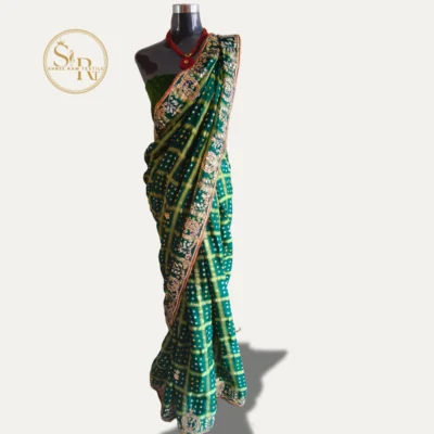 Green Bandhej Saree With Gota Pati