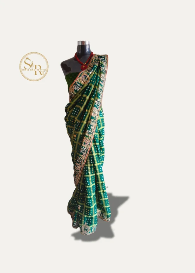 Green Bandhej Saree With Gota Pati