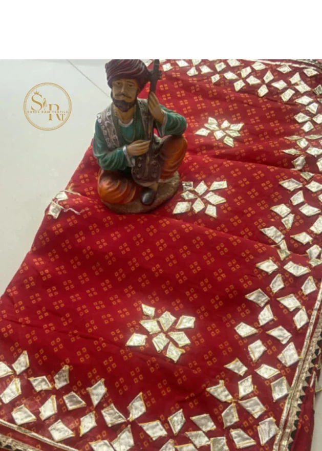 Cotton Bandhej Saree With Kacchi Gota Patti Work