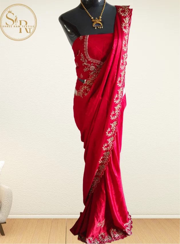 Red Silk Saree With Light Work - Image 3