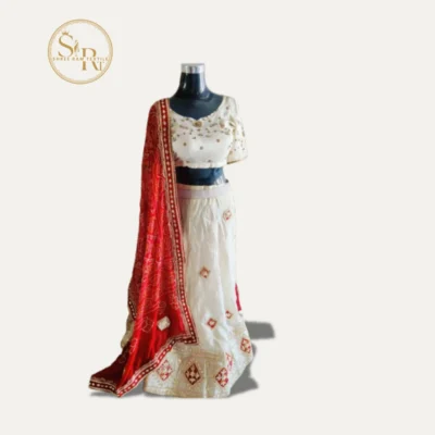 White Lehenga Blouse With Bandhej Dupatta