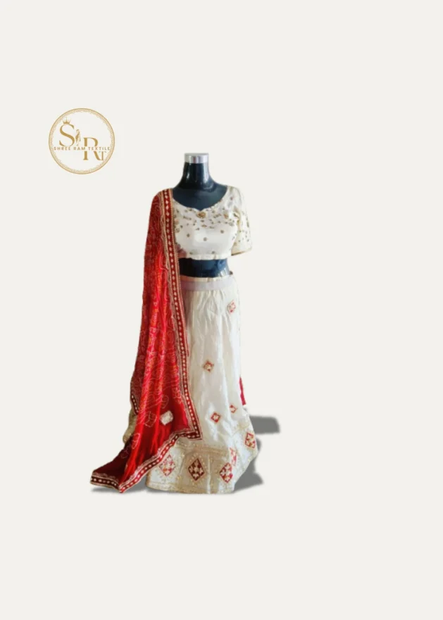 White Lehenga Blouse With Bandhej Dupatta