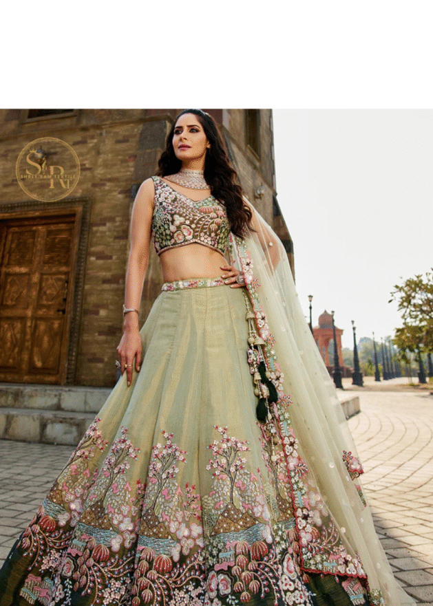 GREEN - Net Sequinse embroidery Semi-Stitched Lehenga choli & Dupatta