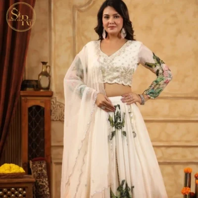 White Crop-Top Lehenga Pearl Work With Dupatta