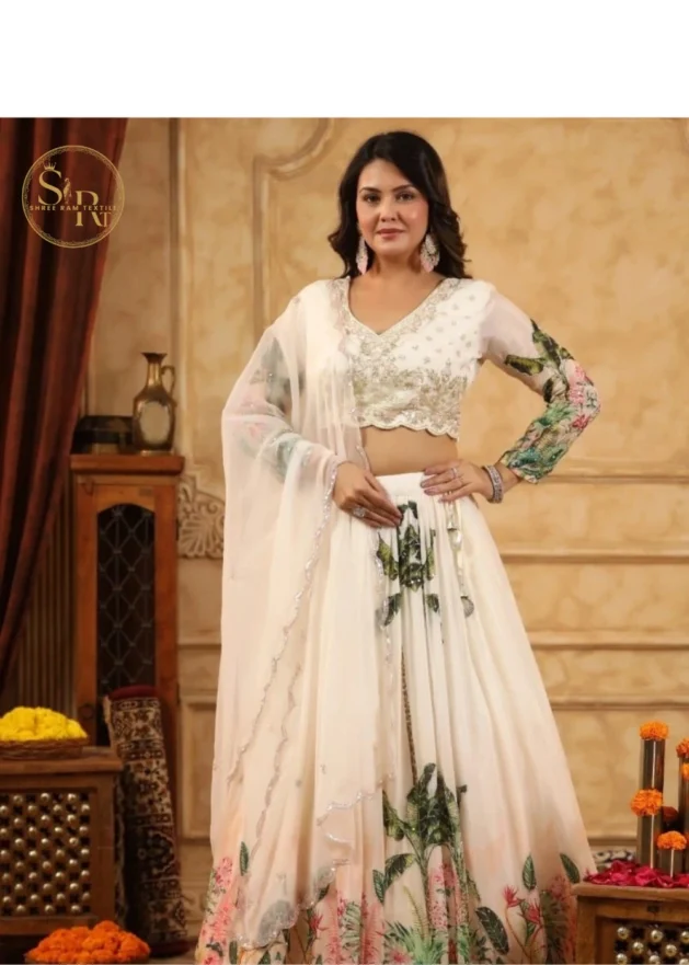 White Crop-Top Lehenga Pearl Work With Dupatta