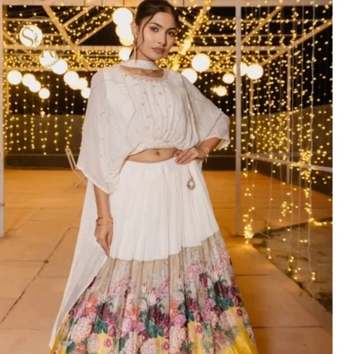 White Crop Top  Flower Print at Bottom With Dupatta
