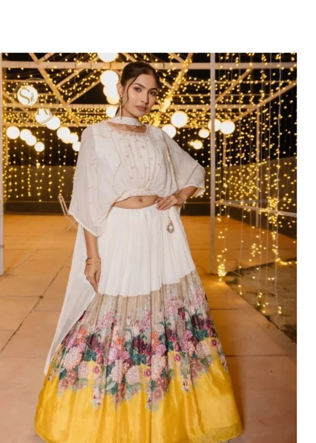 White Crop Top  Flower Print at Bottom With Dupatta