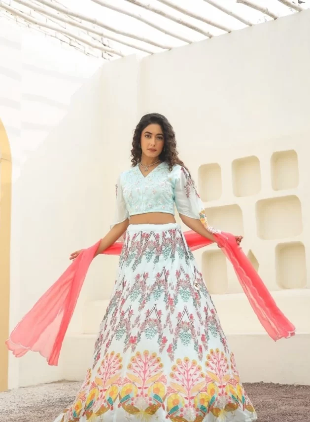 Sky Blue Crop-Top Lehenga with Peach Dupatta