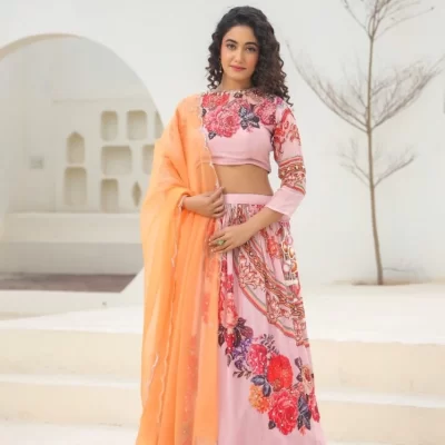 Light Pink Flower Crop-Top Lehenga Set With Vibrant Orange Dupatta