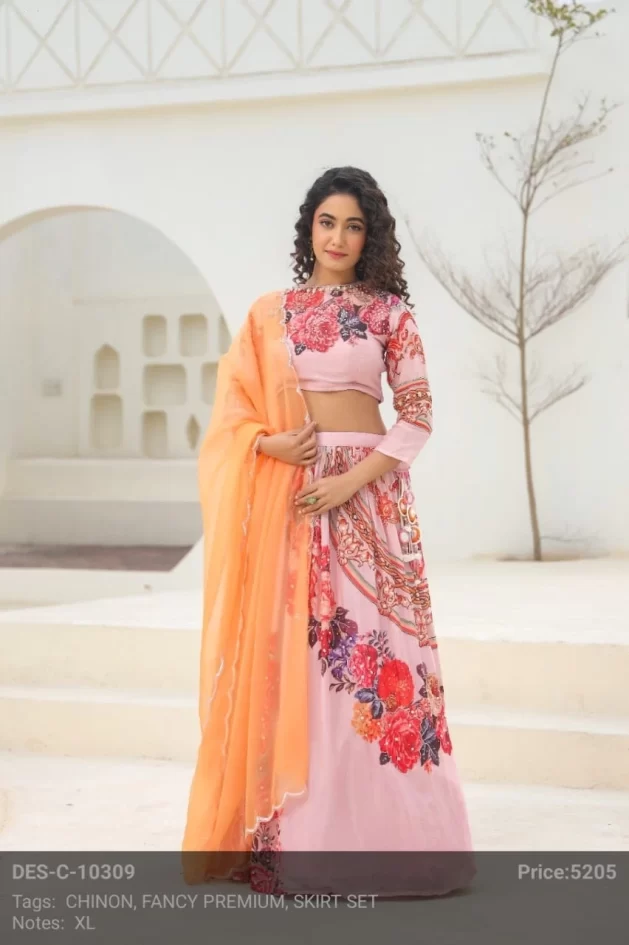 Light Pink Flower Crop-Top Lehenga Set With Vibrant Orange Dupatta