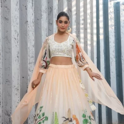 Light Orange Crop-Top Printable Multi Design With Dupatta