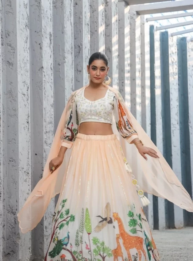 Light Orange Crop-Top Printable Multi Design With Dupatta