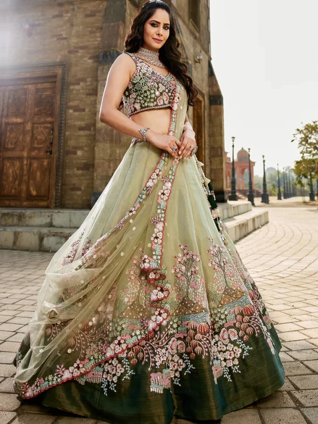 GREEN - Net Sequinse embroidery Semi-Stitched Lehenga choli & Dupatta - Image 2