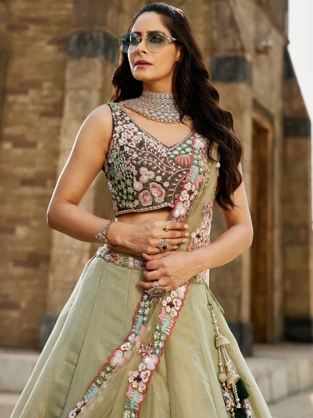 GREEN - Net Sequinse embroidery Semi-Stitched Lehenga choli & Dupatta - Image 4